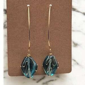 Blue Crystal Drop Threader Earrings 925 Vermeil Gold Long Dangle Minimal Chic